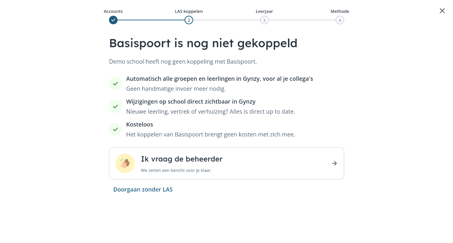 Step explaining that Basispoort isn't linked yet, listing three benefits and an option to ask the administrator